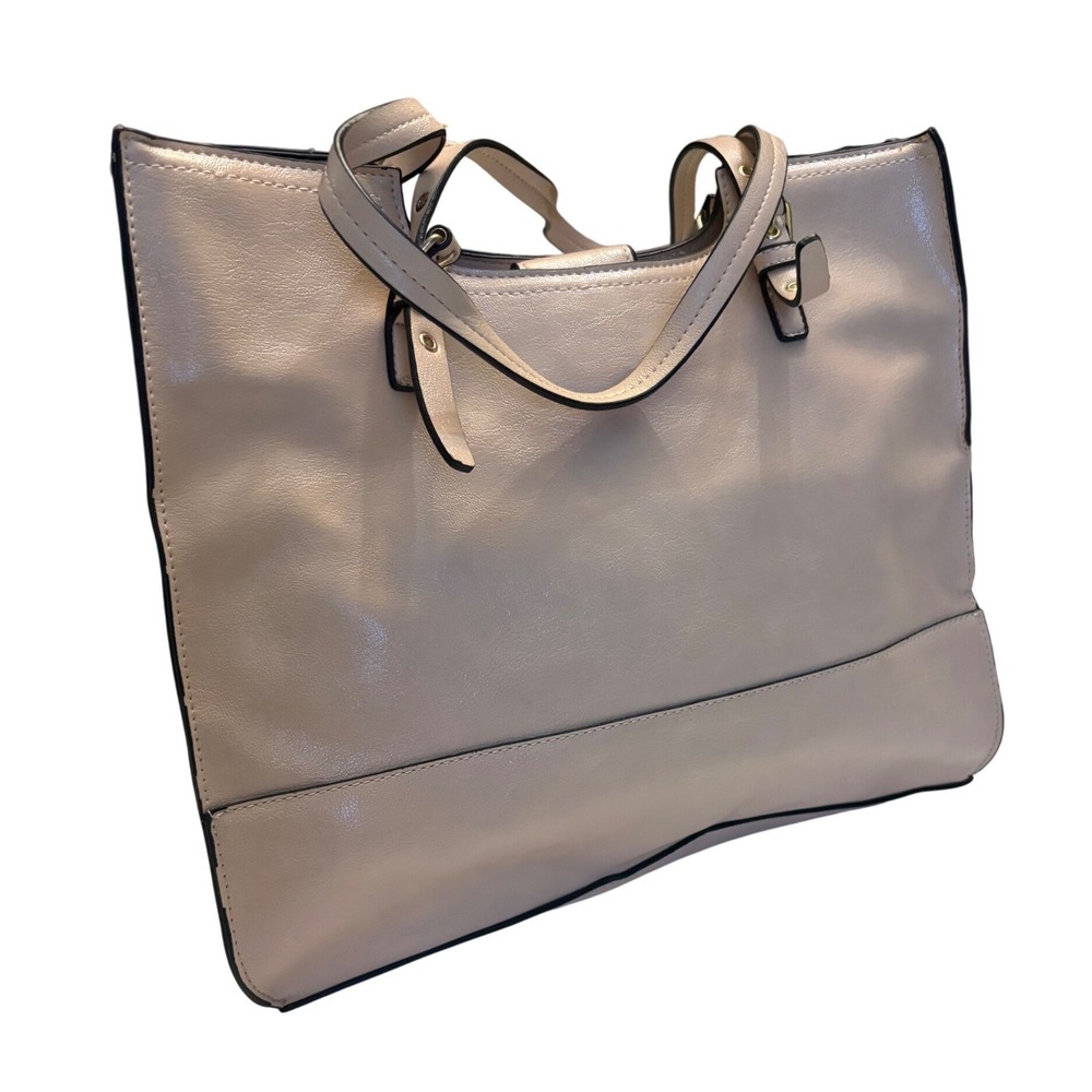 Beige Vegan-Leather Large Tote Bag Women Shoulder Bag Blue Lining Gold Hardware - Picture 2 of 8
